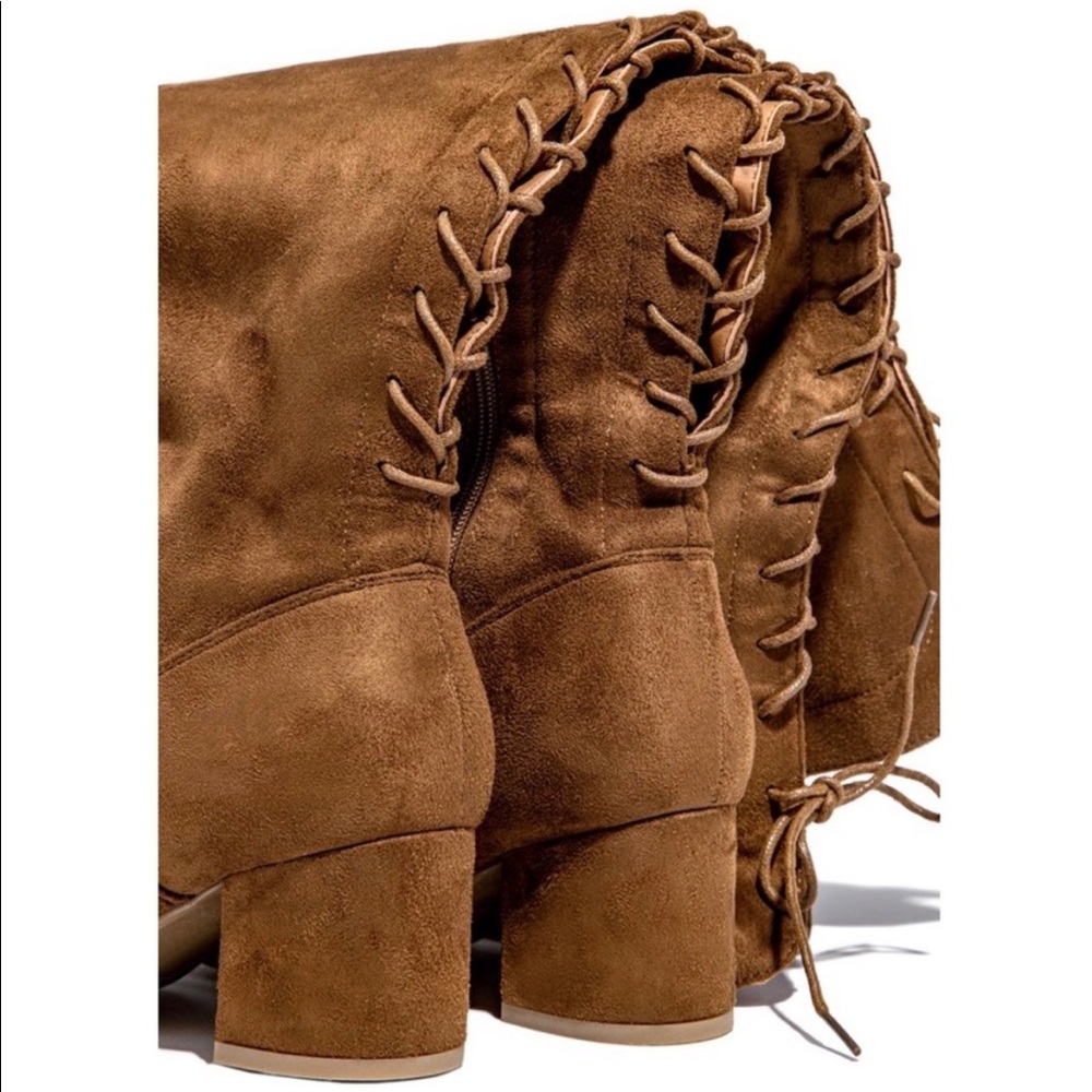 Tan Over The Knee Chunky Low Heel Lace Up Boots - Picture 5 of 9